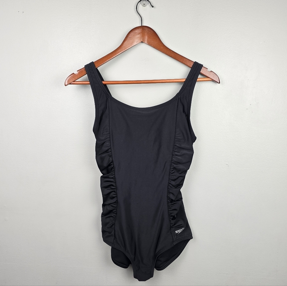 Speedo Tank One-Piece Swimsuit Shirred Side Panels Black Womens Size M Swimming - Picture 3 of 14